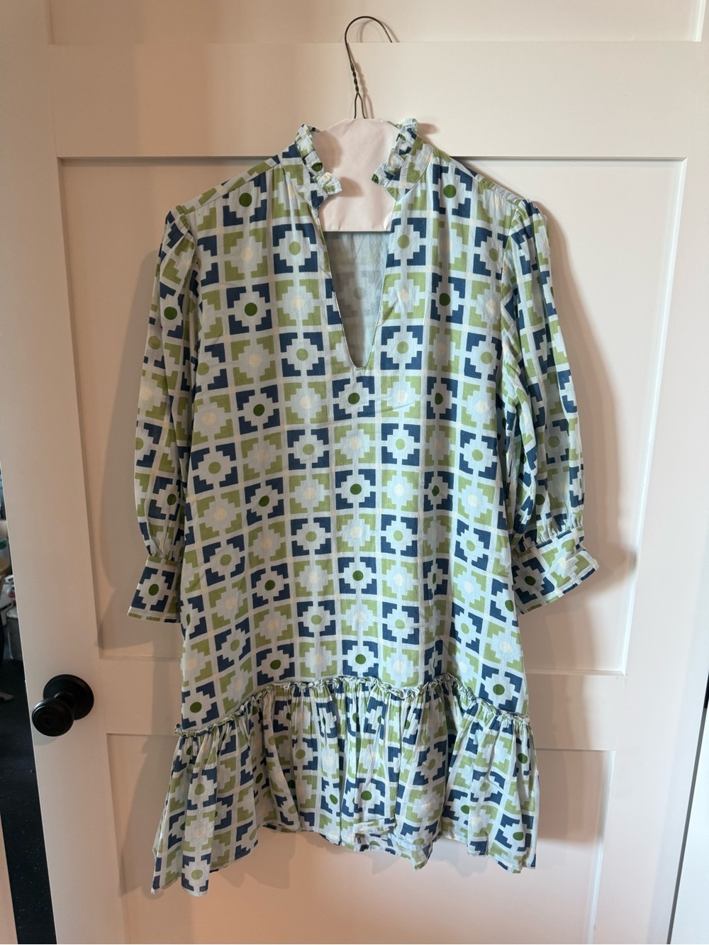 Olivia James The Label Women’s Geometric Ruffle Hem Dress in Blue and Green